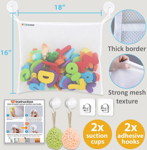 Bath Toy Net 18”x16” - Kids Bath Tub Toy Holder, Mesh Bag for Bath Toys, Baby Bathtub Toy Storage Organizer, Large Bathroom Bucket Bin - Toddler Shower Caddy Hanging Basket + 2 Suction Cups & 2 Hooks by slonser