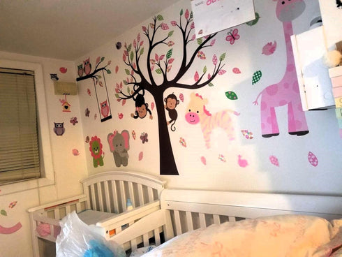 DEKOSH Pink Jungle Baby Nursery Wall Decal, Peel & Stick Colorful Owl Giraffe Lion Animal Stickers
