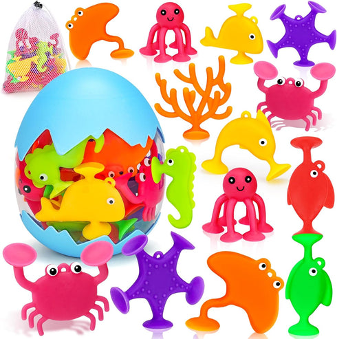 Toddler Suction Bath Toys: 18PCS Ocean Silicone Suction Cup Toys, Mold Free Bathtub Shower Toys for Ages 1-3