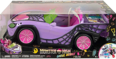 Monster High Toy Car, Ghoul Mobile with Pet & Cooler Accessories, Purple Doll-Sized Convertible