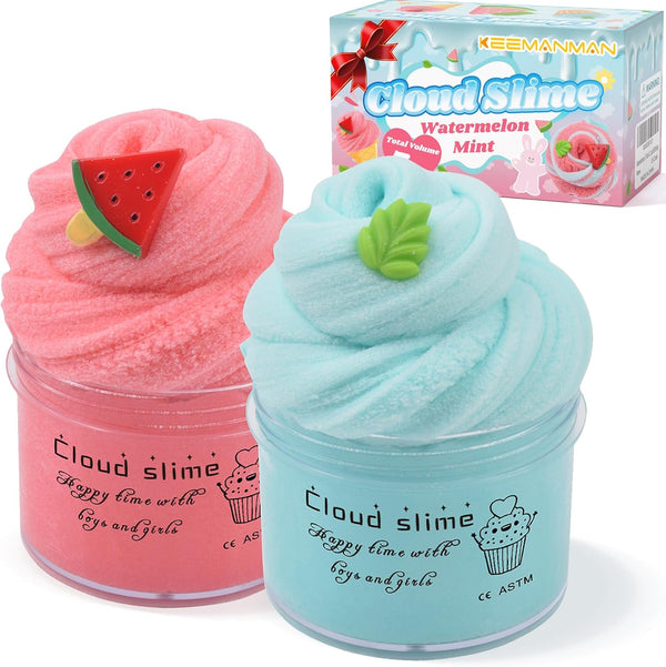 2 Pack Cloud Slime Kit with Red Watermelon and Mint Charms, Scented DIY Slime Supplies for Kids