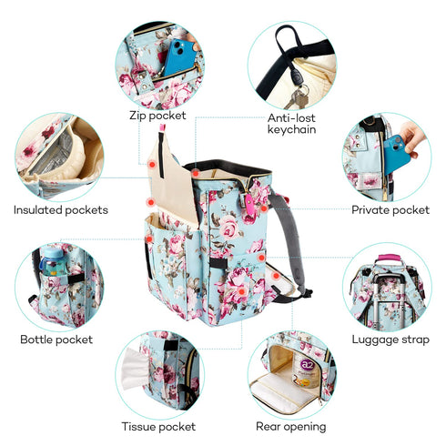 Backpack, Pack LitBear Diaper Bag Large Capacity Multifunction Nappy Bags, Waterproof Baby Bag Floral Insulated Sturdy