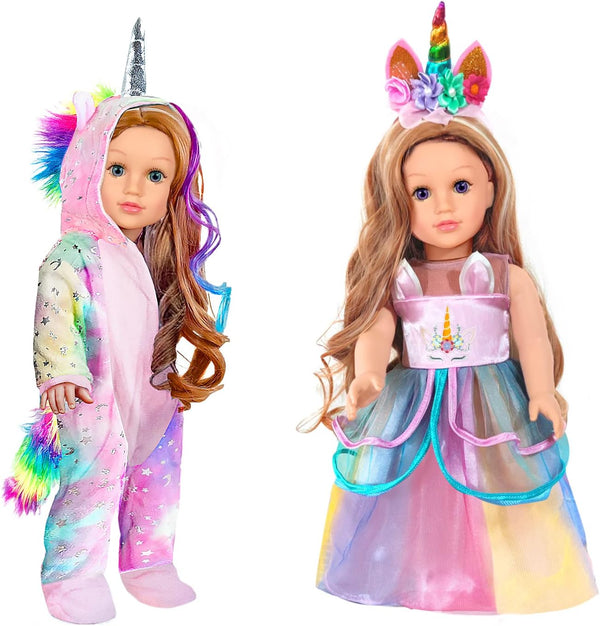 2-Sets 18-inch Doll Clothes Set – Unicorn Clothes with Hair Clip and Headband for All 18 inch Dolls
