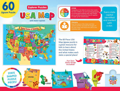 MasterPieces 60 Piece Educational USA Map State Shaped Jigsaw Puzzle for Kids - 16.5"x12.75"