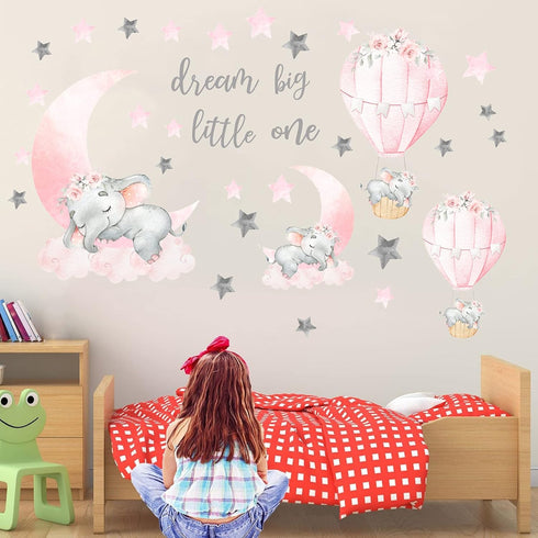 WEWINLE Dream Big Little One Elephant Wall Stickers, Pink Moon Hot Air Balloon Grey Stars Wall Decals for Nursery Kids