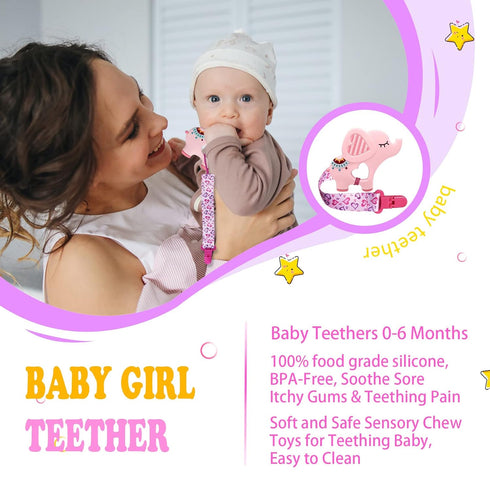 1 Soft Dinosaur Teether for Babies and 1 Baby Pacifier Clip, Silicone Chew Toys for Baby Girl Boy, Valentines Day Gifts