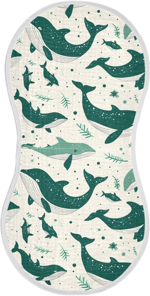 siphylline Set 2, 22x11in Emerald Green Playful Whale Cotton Muslin Burp Cloth Breathable Milk Spit Up Cloth for Gender