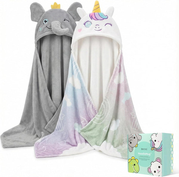 HECCEI 2-Pack Toddler Hooded Bath Towels Unicorn & Elephant Set Soft Absorbent