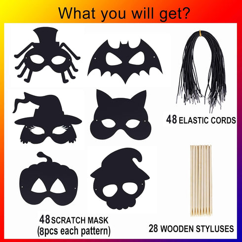 Max Fun 48PCS Halloween Rainbow Scratch Mask, Art Craft Kit for Kids Birthday, Classroom Decoration, Halloween Party