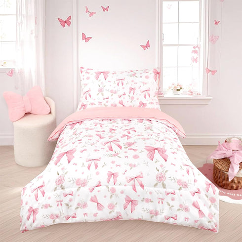 Set 4 Set, Toddler Bedding for Girls Pieces Pink Rose, Soft Breathable Toddler Comforter Bow Flower Print, Includes