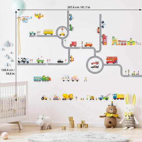 DECOWALL The Road and Cars Kids Wall Stickers, Peel and Stick Removable Wall Decals for Nursery Bedroom