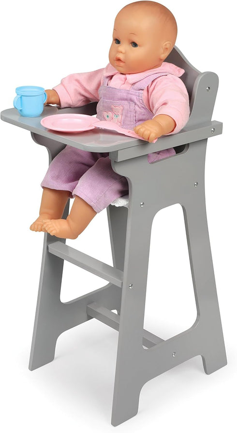 18 Inch Badger Basket Executive Doll High Chair - Wooden Toy Chair with Liftable Tray, Fabric Seat Trim, and Realistic