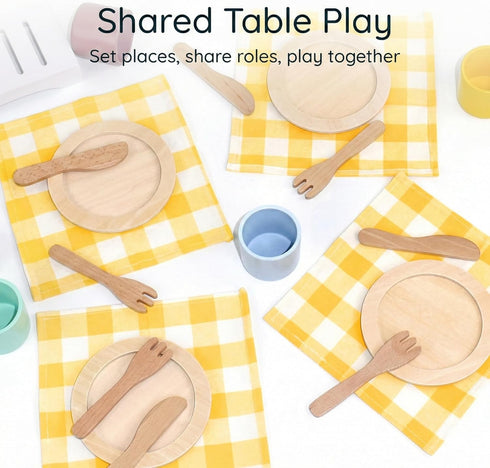 Table-Setting Set 21 3+ Pillowhale Wooden Learning Play for Kids Dinner Plates, Cups & Cutlery for Social Play Pcs