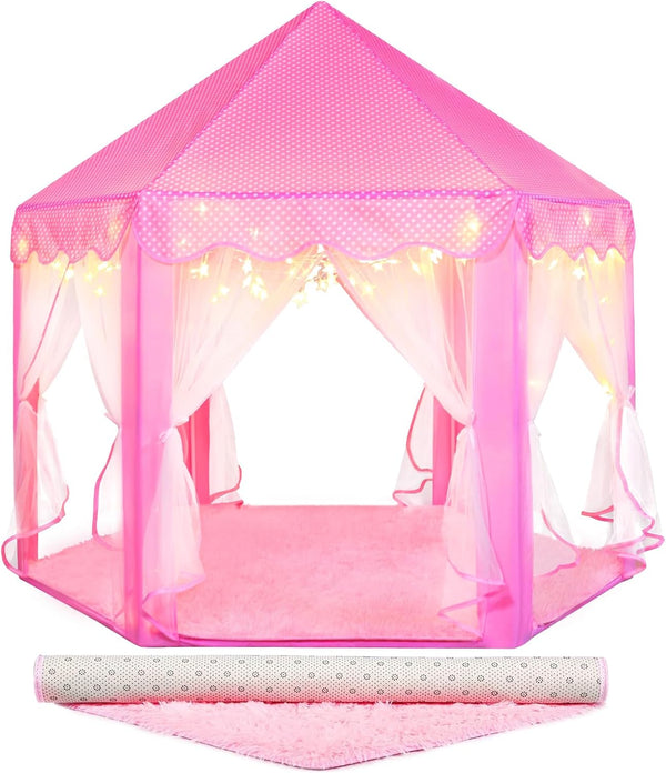 Princess Tent for Girls Indoor with Rug and Star Lights, Pink Play Tent for Kids, Castle Playhouse