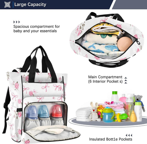 Bolaz Backpack Pink Rose Bow White Diaper Bag Tote Multifunction Baby Nappy Changing Bags Large with Stroller Straps