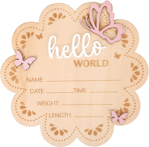 lasuroa Hello World Newborn Announcement Sign, Butterfly Wooden Newborn Sign Personalized Baby Name