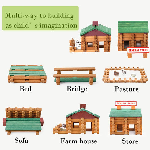 Wondertoys 170 Pieces Wood Logs Set - Classic Building Log Toys for Ages 3+, Creative Engineering Educational Gifts