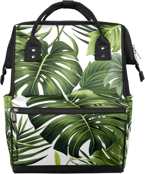 Hsnar Tropical Leaf Green Waterproof Diaper Bag Backpack Large Capacity Baby Bag with