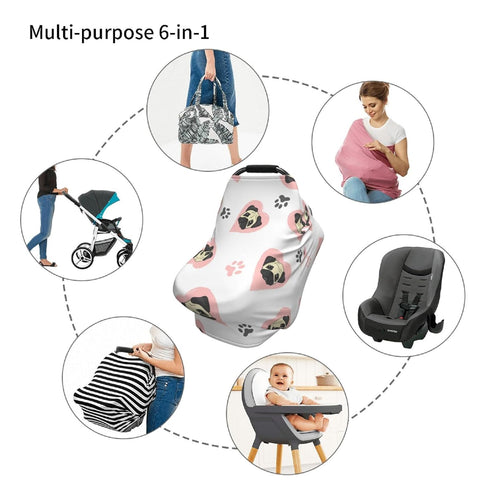 Schgap Cute Pugs Hearts Car Seat Cover Canopy for Babies, Nursing Cover Breastfeeding Baby Carrier Covers Carseat