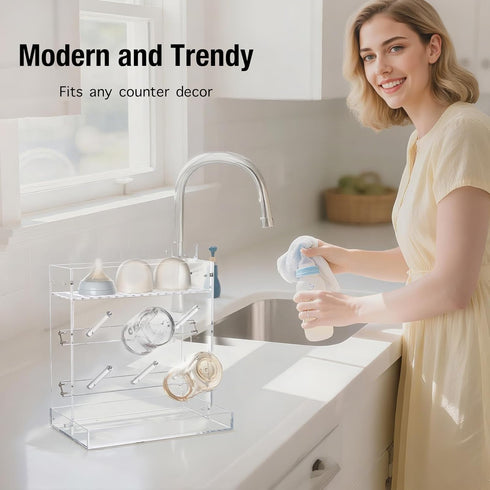 Heyrelda Countertop 10.3 6.3 10.6 Baby Bottle Drying Rack Space Saving Acrylic Vertical Bottle Dryer Rack with Drip