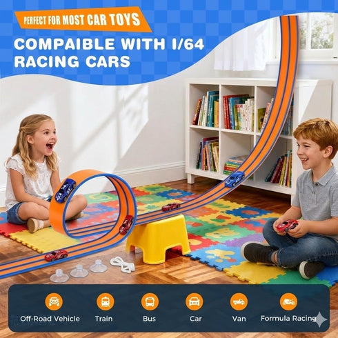 15 Set 2 3 Ft Flexible Race Track for Kids, DIY Car Track with Toy Cars & Suction Cup Ramps, Easter Basket Stuffers