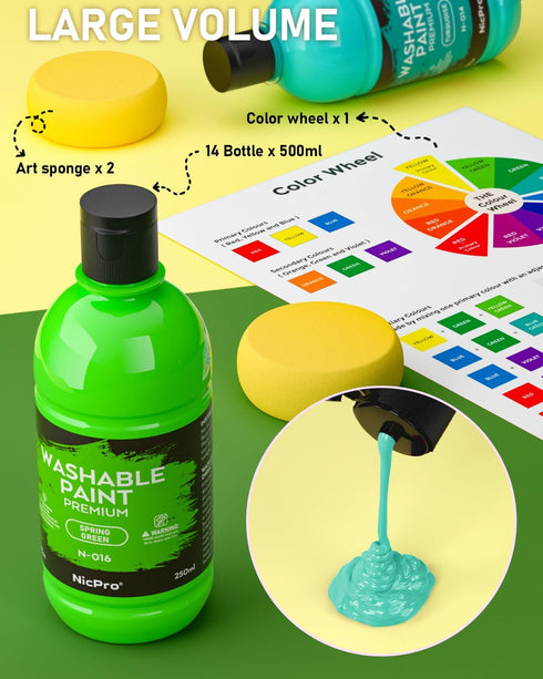 Nicpro 18 Colors Large Washable Paint Set for Kids (8.4oz, 250 ml), Non-Toxic Acrylic Bulk Paint Supplies for Art,