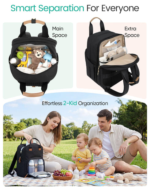 Backpack (26-36L) Qualyphant Extra Large Diaper Bag for Two Kids Twins - Expandable Baby Bag for Mom Girls Boys, Dual