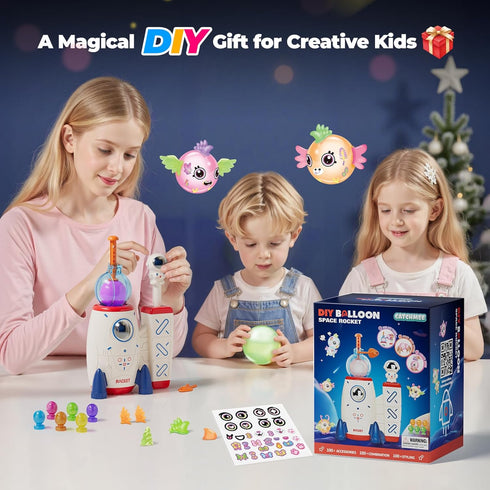 PINSHILE 3+ DIY Space Magic Balloon Craft Kit, Sticker Decorated Balloons Toy for Kids, Rocket Air Pump Fun