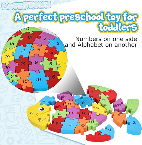 LovesTown Goldfish Wooden Puzzle - 26PCS Jigsaw Puzzle Alphabet and Number Building Blocks for Kids