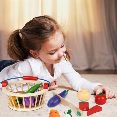 Victostar Magnetic Wooden Cutting Fruits and Vegetables Play Toy Set with Basket