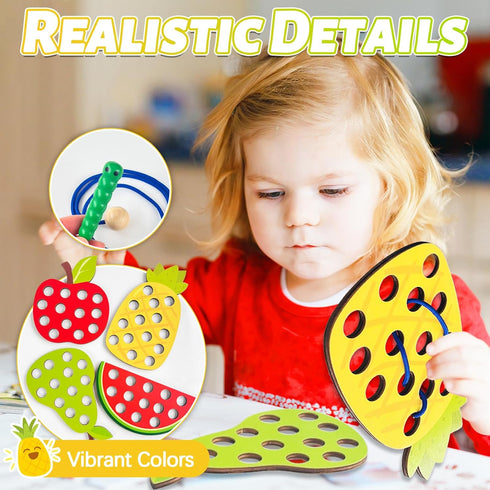 Woozettn 4 Pack Set 35 Wooden Lacing Threading Toys, Fine Motor Skills Educational Puzzles, Wooden Fruit Threading