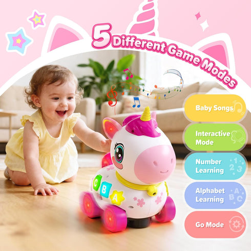 MOISTAR 1 6-12 6-12-18 Bilingual Musical Crawling Toy for Year Old Girl Gifts,Musical Unicorn Toys for Baby Months,Baby