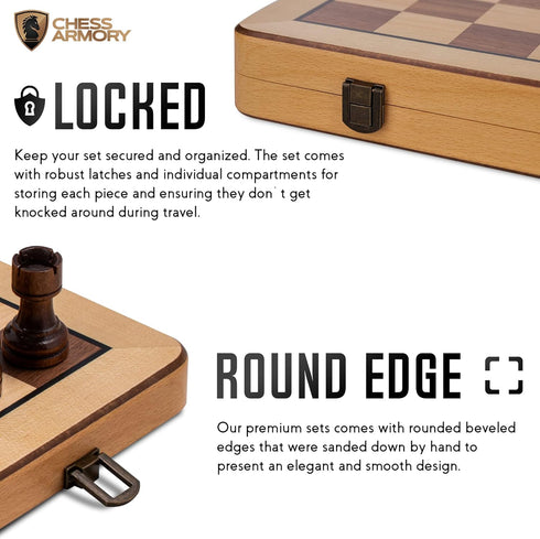 Chess Armory Premium Chess Set - Wooden Board Game with Portable Wood Case, Secure Storage for Kids and Adults (Beech