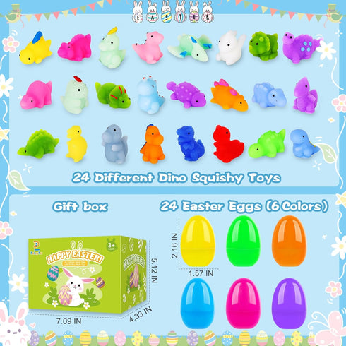 PaLeyFer 24 Pack Prefilled Easter Eggs with Squishy Dinosaur Toys inside for Kids, Easter Basket Stuffers Fillers Mochi
