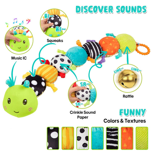 0-6 6-12 Tummy 3 6 9 12 18 1 2 Baby Stuffed Animal Toys for Months, Baby Musical Caterpillar Time Toys for Babies
