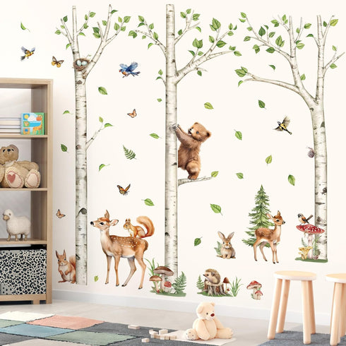 decalmile Large White Birch Tree Wall Decals Woodland Animals Bear Deer Rabbit Wall Stickers Living Room Baby Nursery