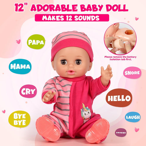 12'' Set 32 12 Playset 3 4 5 DRAMATION Interactive Baby Doll with Crib and High Chair, PCS Baby Doll Toys Make Sounds