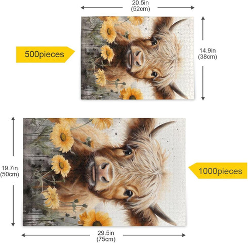 Puzzles for Adults, 1000 Piece Cute Highland Cow Sunflower Jigsaw Puzzle, Kids Game Toys Gift Home Decor