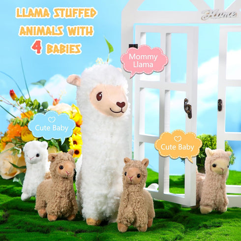 Llama Stuffed Animals Plush Set with 4 Baby Llamas, Cute Alpaca Soft Pillow Dolls for Kids Girls Birthday Gifts