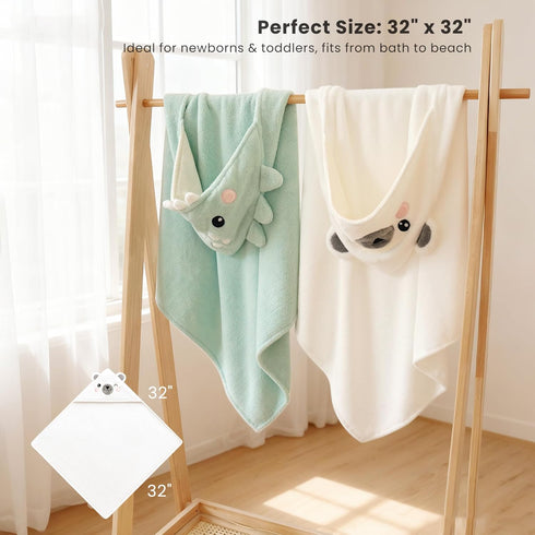 2-Pack 32" 32" Konssy Hooded Baby Towels, Soft & Absorbent Plush Fleece, Cute Animal Hood, Baby Bath Towels