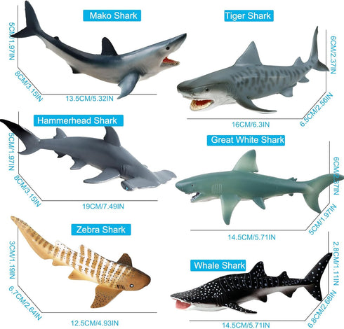 Flormoon Realistic Shark Figurines - 6pcs Undersea Creature Action Models, Educational Toy & Cake Topper for Kids