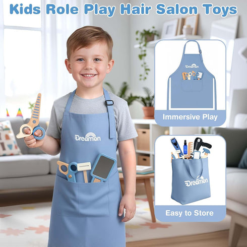 Set, Barber Shop Pretend Play Kids Shaving Kit Wooden Hair Salon Toys for Boys with Wearable Beard, Electric Shaver