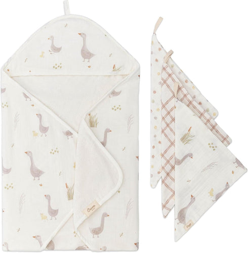 Crane Baby Hooded Towel & Washcloth Set, Charlie Farmhouse Goose Hooded Baby