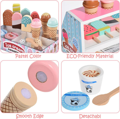 Wooden Ice Cream Toys Kitchen Play Store - Play Kitchen Accessories for Toddlers 3-5, Scoop, Menu & Fake Money