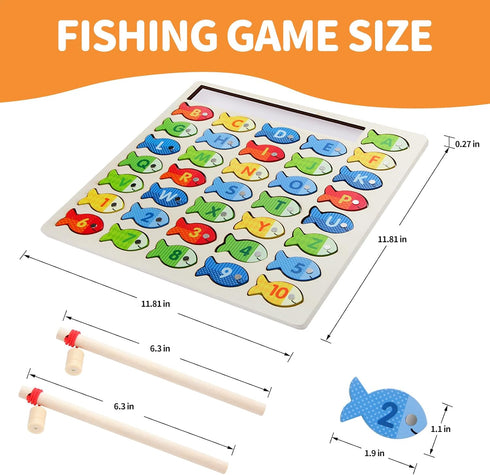 Wooden Magnetic Fishing Game for Toddlers, Montessori Fine Motor Skills Toy with Letters and Numbers, Preschool Learning ABC and Puzzle Birthday Toys Gift for 3 4 5+ Year Old Kids(2 Poles)