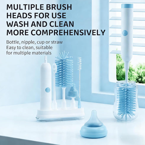 biqin 360 Rechargeable Electric Bottle Brush with Stand - Spin Silicone Cleaner for Baby Bottles, Breast Pumps & Small