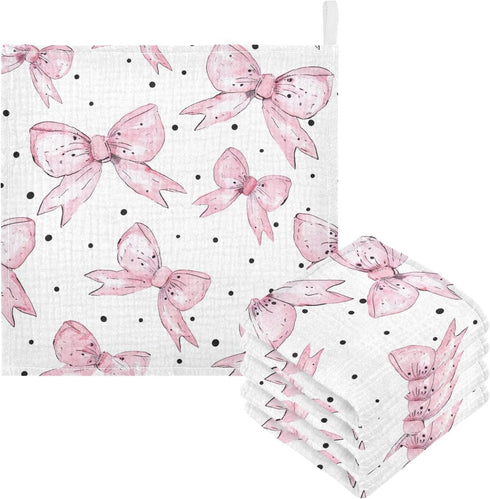 YETTASBIN Bow Pink Muslin Baby Hand Washcloths, Soft Cotton Bath Face Towel, 4