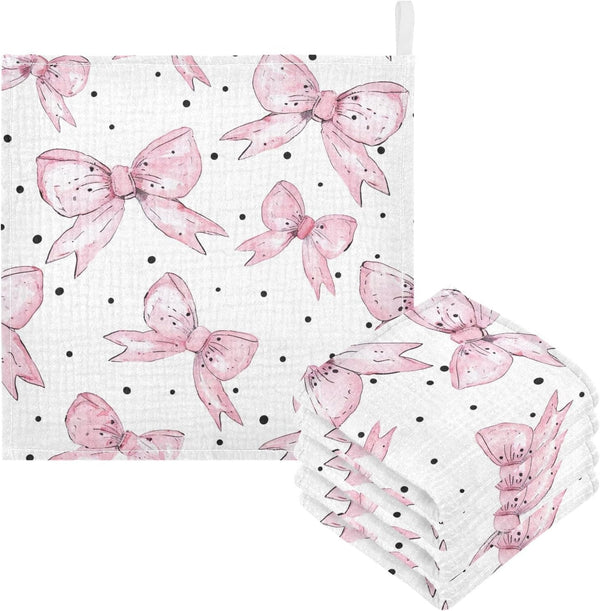 YETTASBIN Bow Pink Muslin Baby Hand Washcloths, Soft Cotton Bath Face Towel, 4