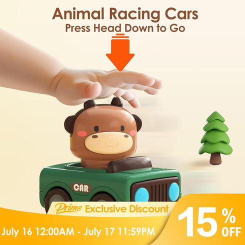 iPlay, iLearn Press and Go Car Toys for Toddlers 1-3, Baby Animal Racing Cars, Infant Play Vehicle Set, Baby Push Go Friction Car Toys for 6-9-12-18 Months, 1st Birthday Gifts for 1-2 Years Old Boys