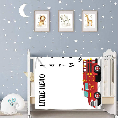 Firemen Baby Monthly Milestone Blanket, Fire Truck Little Hero Photo Blanket, 48x48in, Newborn Baby Shower Gift